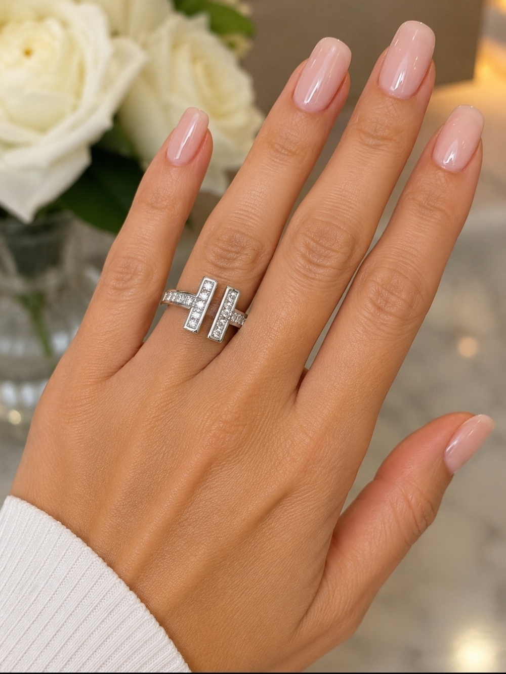 Open T-Bar Ring in Silver with little crystals.